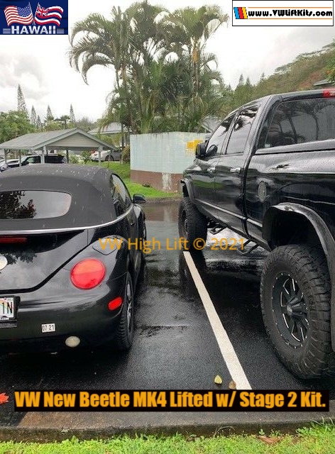 2003 VW New Beetle Convertible MK4 lifted w/ Stage 2 Lift Kit w/ 205/65/R16 all-terrain tires. 